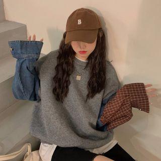Long-sleeve Panel Denim Lattice Knit Sweater