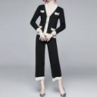 Set: Color Panel Cardigan + Wide-leg Pants As Shown In Figure - One Size