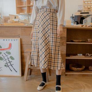 Flared-hem Long Plaid Skirt