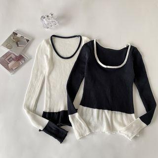 Long-sleeve Scoop-neck Two-tone Knit Top