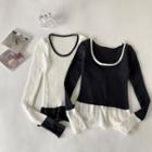 Long-sleeve Scoop-neck Two-tone Knit Top