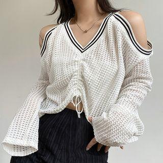 Cold-shoulder Drawstring Knit Crop Top