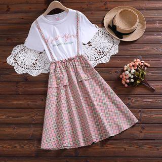 Mock Two-piece Lettering Short-sleeve Plaid A-line Dress