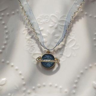 Planet Rhinestone Pendant Chiffon Choker Blue - One Size