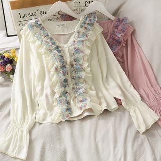 Ruffled-trim Long-sleeve Light Blouse