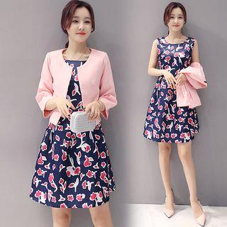 Set : Print Dress + 3/4-sleeve Jacket