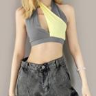 Color Panel Cut-out Sleeveless Cropped Halter Top