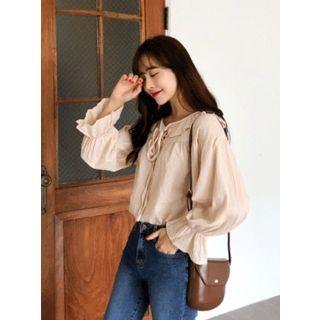 Bell-sleeve Ruffle-trim Textured Top