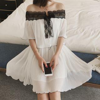 Lace Trim Off-shoulder Elbow-sleeve A-line Dress