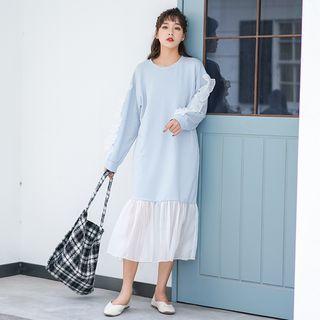 Long-sleeve Ruffle Panel Midi Pullover Dress