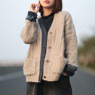Denim Panel V-neck Cardigan