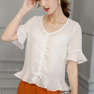 V-neck Ruffle Hem Short-sleeve Chiffon Blouse