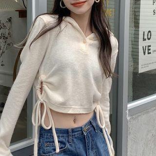 Drawstring Hooded Cropped Knit Top White - One Size