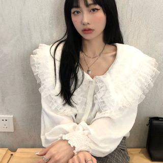 Lantern-sleeve Collared Blouse Plaid - Black & White - One Size