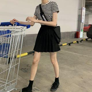Striped Short-sleeve T-shirt / Mini Pleated Skirt