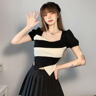 Puff-sleeve Square-neck Two-tone Crop Top