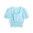Puff-sleeve Floral Cropped Blouse Light Blue - One Size