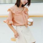 Bell-sleeve Ruffle Trim Tie Neck Blouse