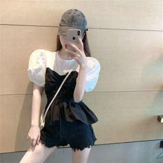 Puff-sleeve Mock Two-piece Drawstring Blouse