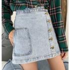 Buttoned Denim Mini A-line Skirt