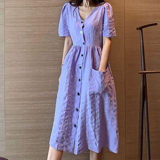 Plain Short-sleeve Buttoned Dress