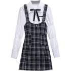 Tie Neck Shirt / Plaid Overall Dress / Set