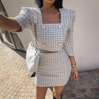 Set: Double-breasted Cropped Tweed Top + Pencil Skirt