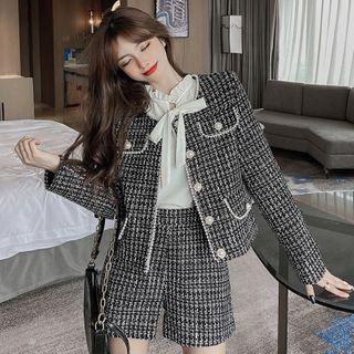 Set: Single-breasted Tweed Jacket + Shorts + Ribbon Blouse
