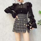 Set: Lace Collar Ruffle Blouse + A-line Tweed Skirt