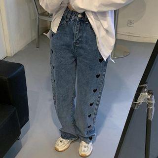 Heart Embroidery Wide-leg Jeans