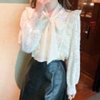 Long-sleeve Tie-neck Frill Trim Lace Blouse