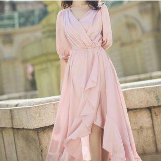 Irregular Hem V-neck Elbow-sleeve Midi A-line Dress