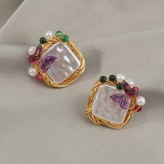 Butterfly Faux Pearl Stud Earring 1 Pair - Ne898 - Butterfly Faux Pearl Stud Earring - Gold - One Size