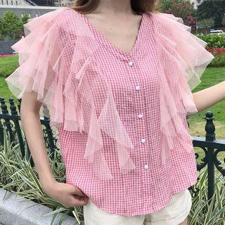 Plaid Sleeveless V-neck Mesh Ruffle Blouse