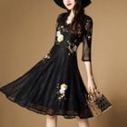 Floral Embroidered 3/4-sleeve A-line Lace Dress