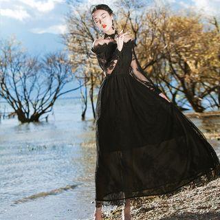 Long-sleeve Off-shoulder Midi A-line Lace Dress