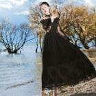 Long-sleeve Off-shoulder Midi A-line Lace Dress