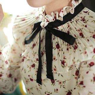Beribboned Frill-neck Floral Pattern Blouse