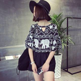 Print Keyhole Neck Short-sleeve Chiffon Top