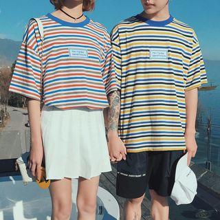 Couple Matching Striped Elbow-sleeve T-shirt