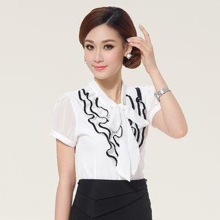 Bow Accent Short Sleeve Chiffon Shirt