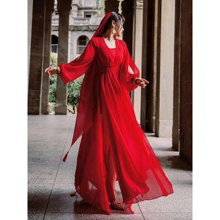 Long-sleeve Sheer A-line Maxi Dress / Headscarf / Set