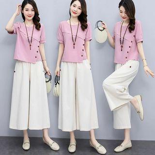 Set: Short-sleeve Asymmetrical Blouse + Crop Wide Leg Pants