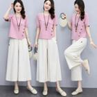 Set: Short-sleeve Asymmetrical Blouse + Crop Wide Leg Pants