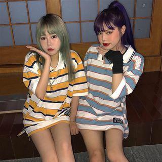 Striped Short-sleeve Loose-fit Polo Shirt