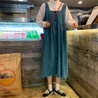 Plain Mock Neck Top / Buttoned Pinafore Dress