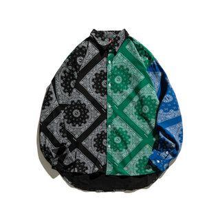Long-sleeve Color Block Paisley Print Shirt