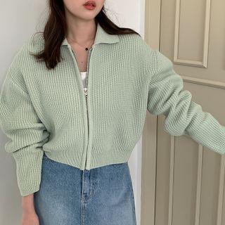 Collared Zipped Rib-knit Jacket