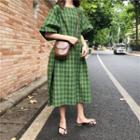 Short-sleeve Plaid Midi A-line Dress Green - One Size