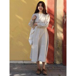 Puff-sleeve A-line Linen Blend Dress With Sash